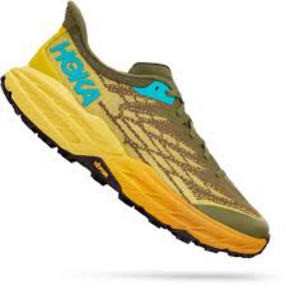 Hoka One One Men's Speedgoat 5 Sneakers in
Avocado/Passion Fruit. Size 8D